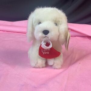 Vintage Russ Caress Soft Pets White Puppy Dog w/ Red Stocking Plush*